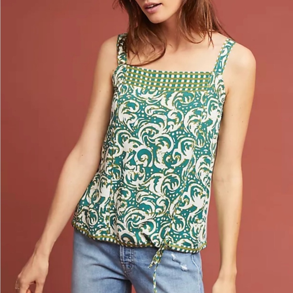 Anthropologie Green and Cream Printed Square-Neck Camisole
